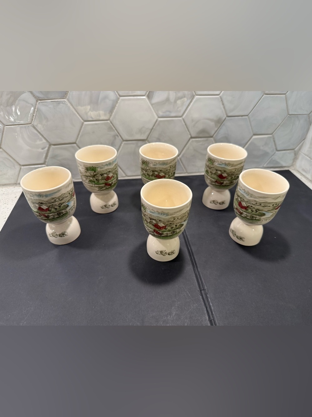 Vintage Johnson Brothers The Friendly Village Double Egg Cup Set Of 6 RARE